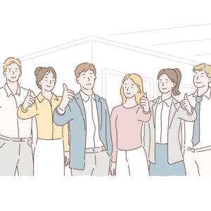 cartoon of group of people with thumbs up